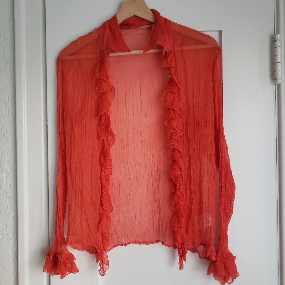 100% Silk Button Up Ruffle Sheer Top - Picture 3 of 6